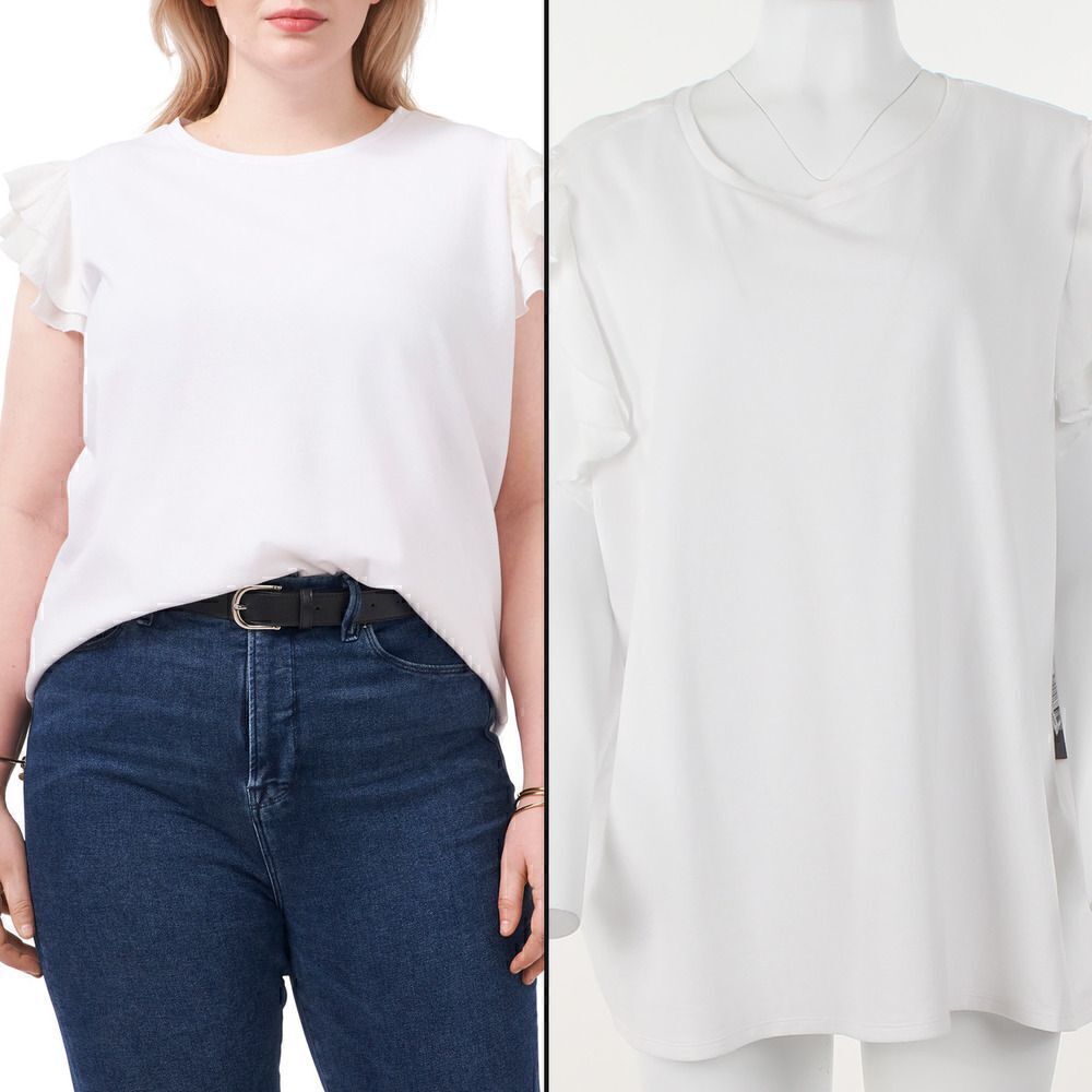 Vince Camuto Mixed Media Tiered Ruffle Sleeve Top in Ultra White